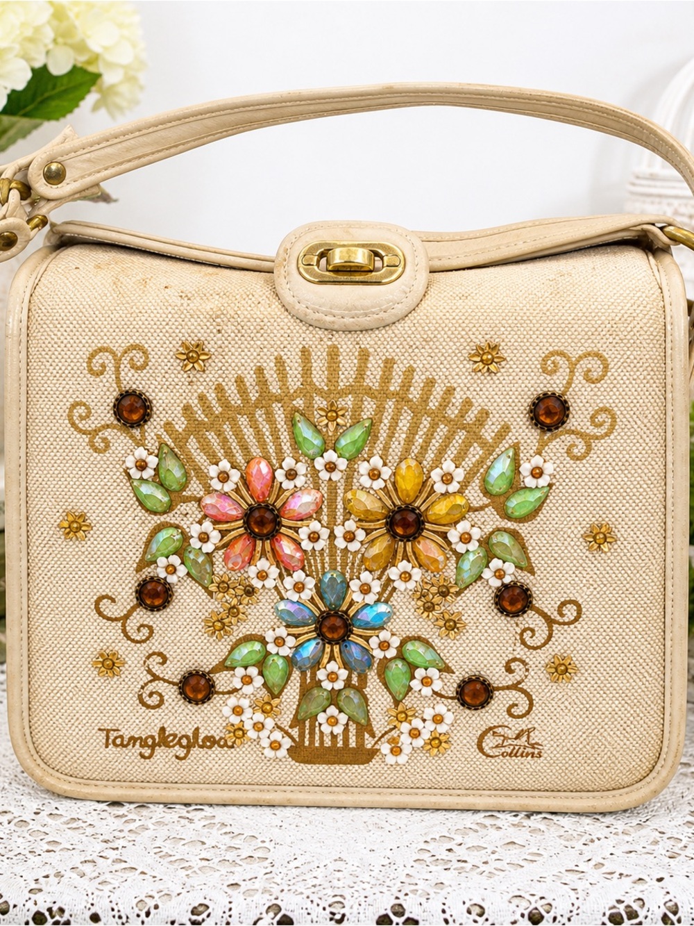 Enid Collins Tanglewood Floral Jeweled Shoulder Bag Vintage Purse